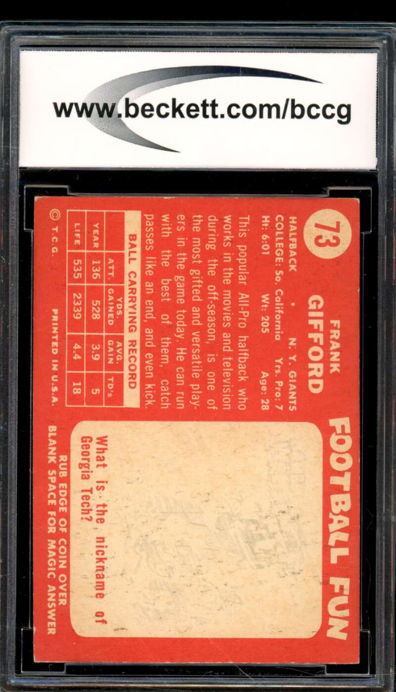 1958 Topps #73 Frank Gifford Card BGS BCCG 8 Excellent+ Image 2