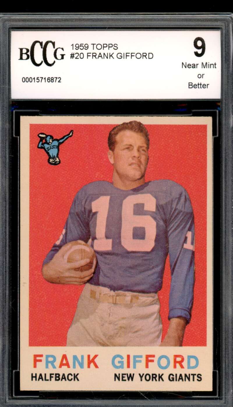 1959 Topps #20 Frank Gifford Card BGS BCCG 9 Near Mint+ Image 1