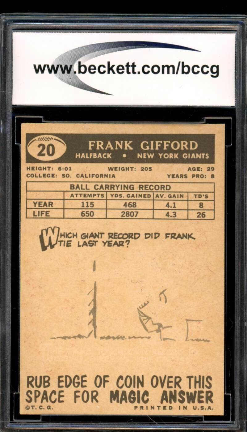 1959 Topps #20 Frank Gifford Card BGS BCCG 9 Near Mint+ Image 2