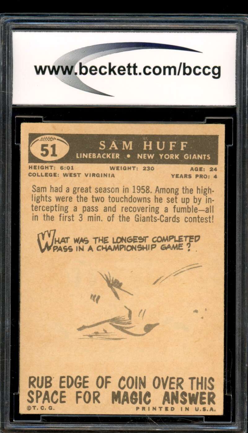 1959 Topps #51 Sam Huff Rookie Card BGS BCCG 7 Very Good+ Image 2
