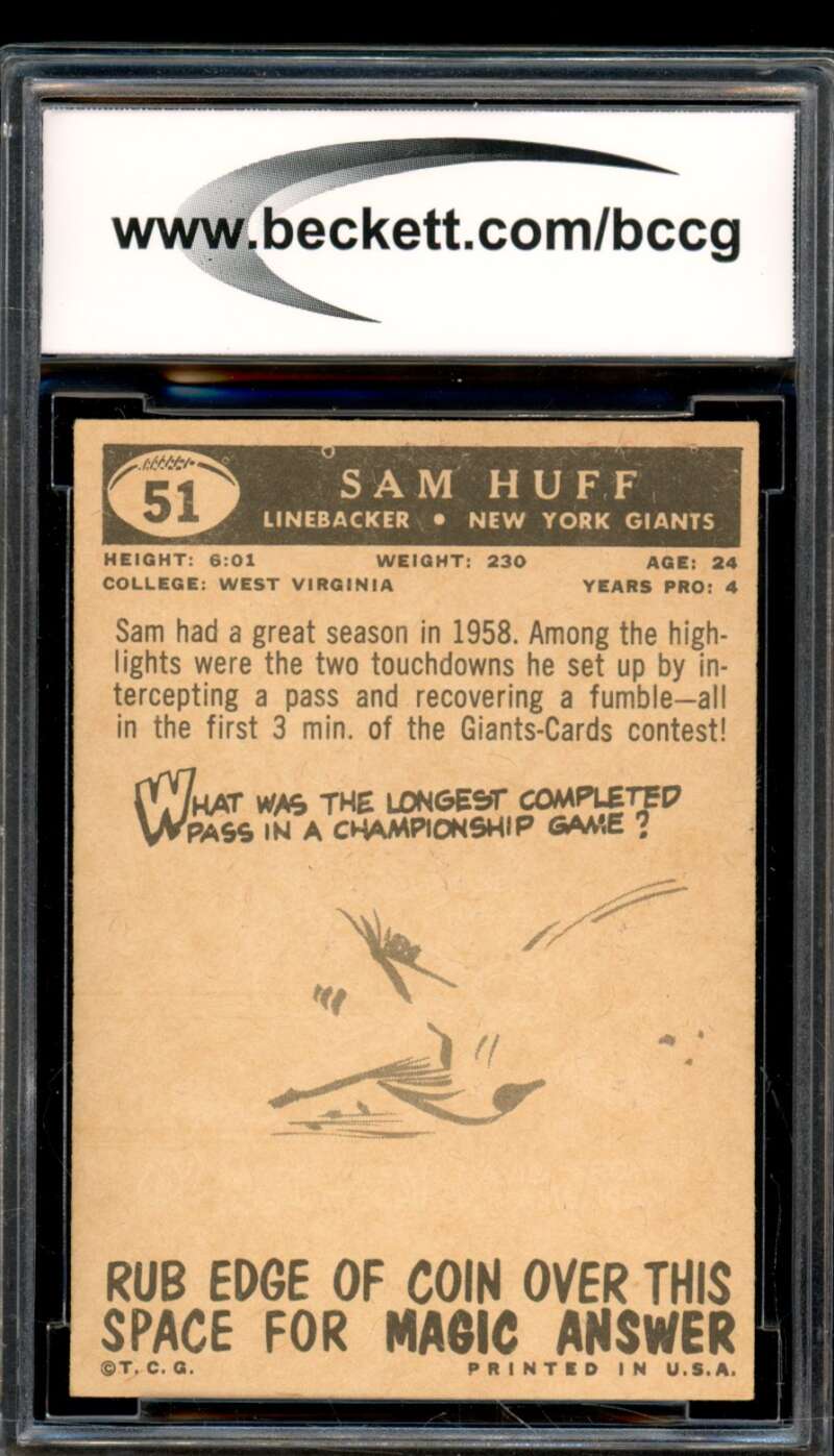 1959 Topps #51 Sam Huff Rrookie Card BGS BCCG 9 Near Mint+ Image 2
