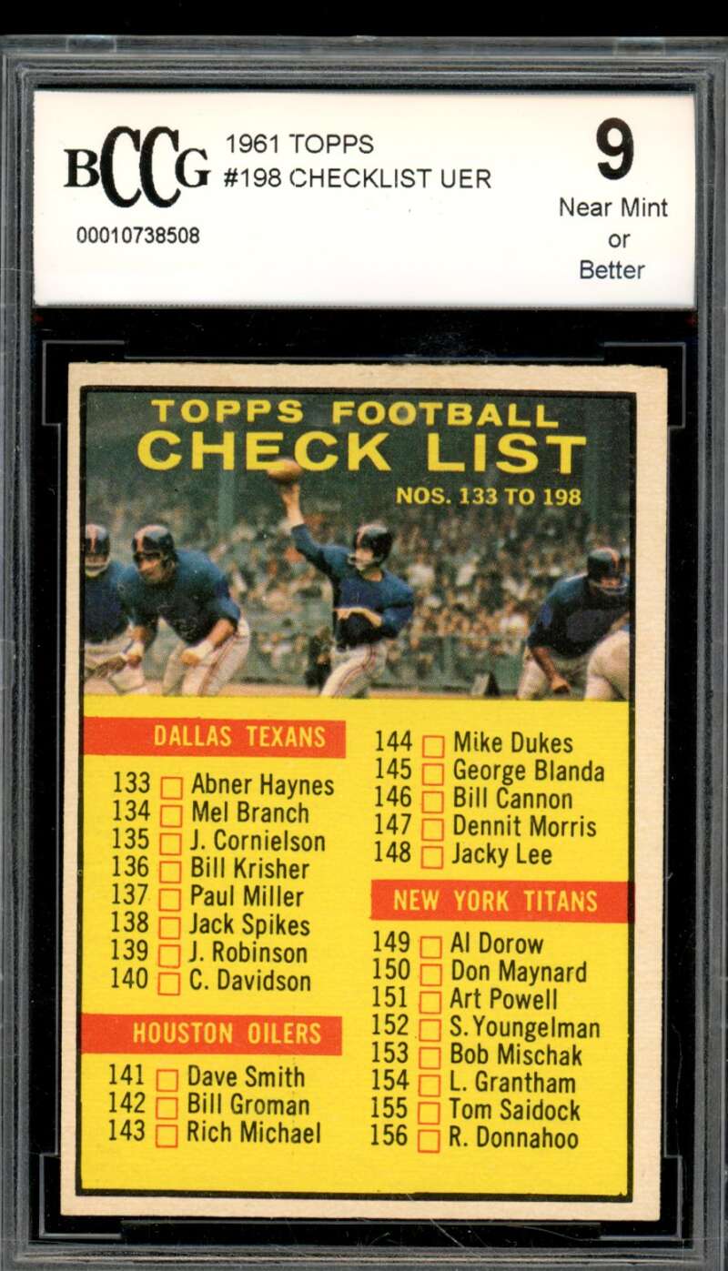 1961 Topps #198 Football Checklist Card BGS BCCG 9 Near Mint+ Image 1