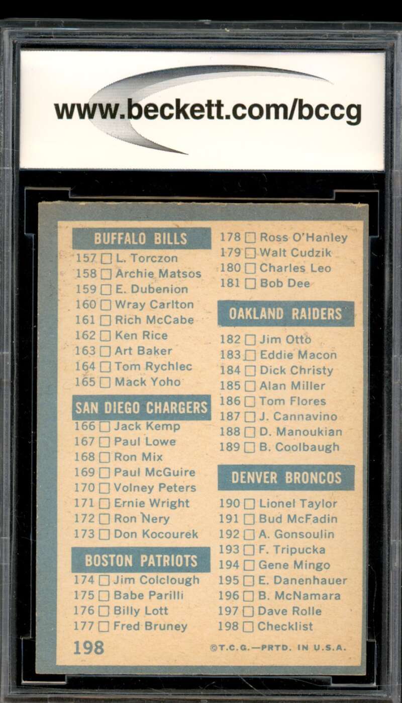 1961 Topps #198 Football Checklist Card BGS BCCG 9 Near Mint+ Image 2