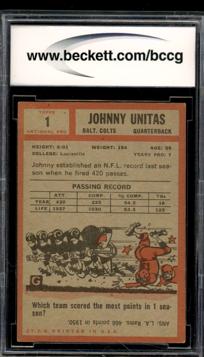 1962 Topps #1 Johnny Unitas Card BGS BCCG 8 Excellent+ Image 2