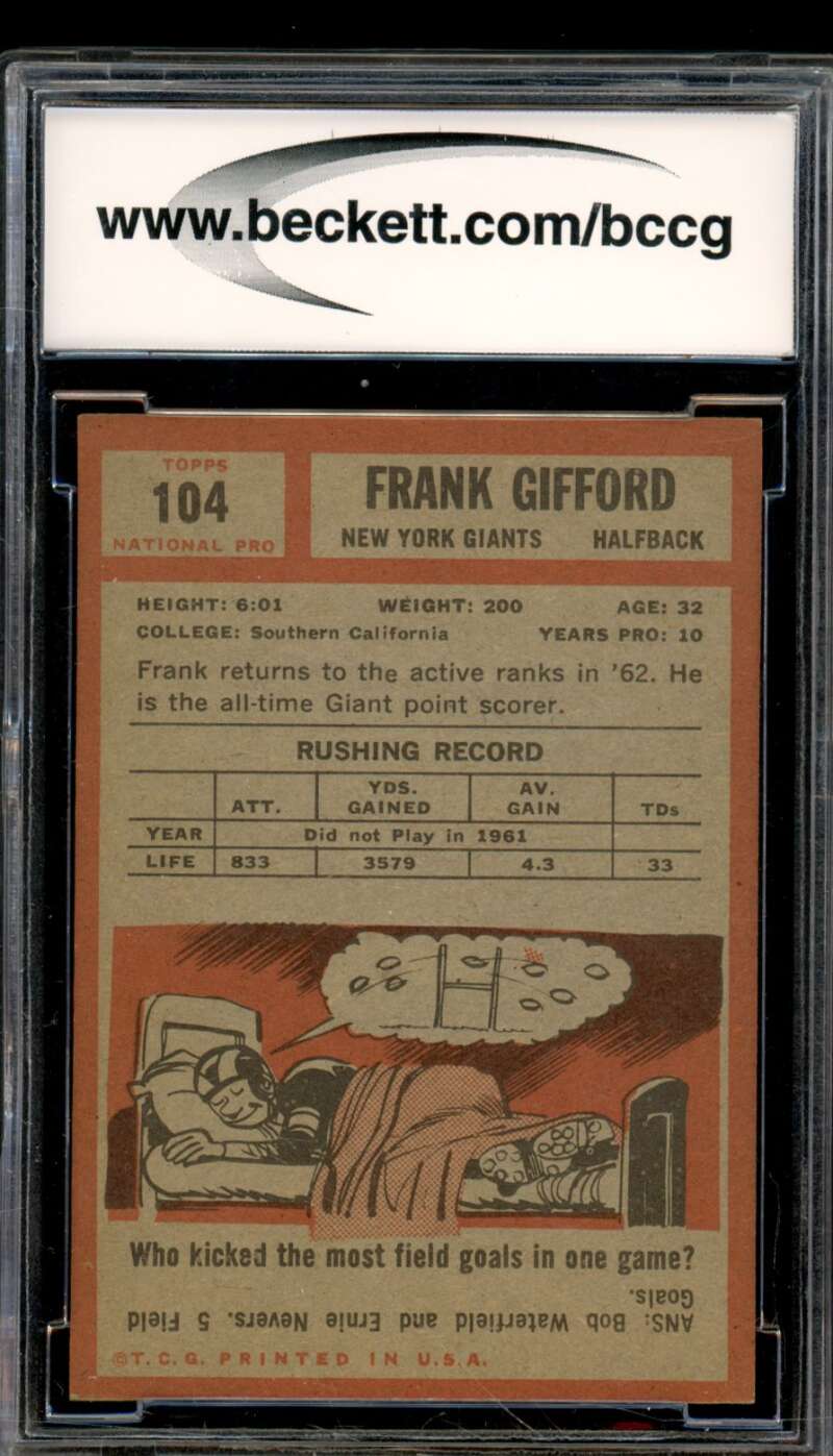 1962 Topps #104 Frank Gifford Card BGS BCCG 8 Excellent+ Image 2