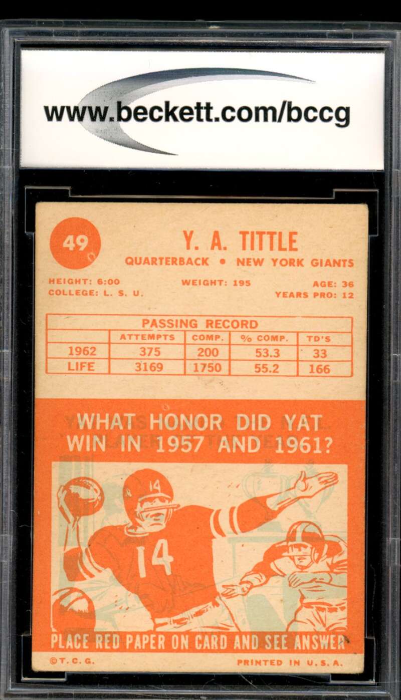 1963 Topps #49 Y.A. Tittle Card BGS BCCG 8 Excellent+ Image 2