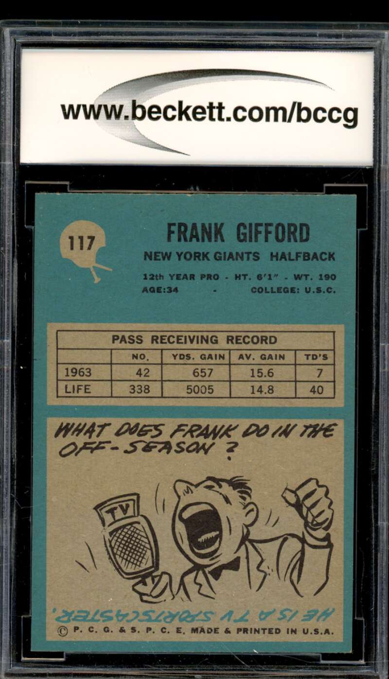 1964 Philadelphia #117 Frank Gifford Card BGS BCCG 9 Near Mint+ Image 2