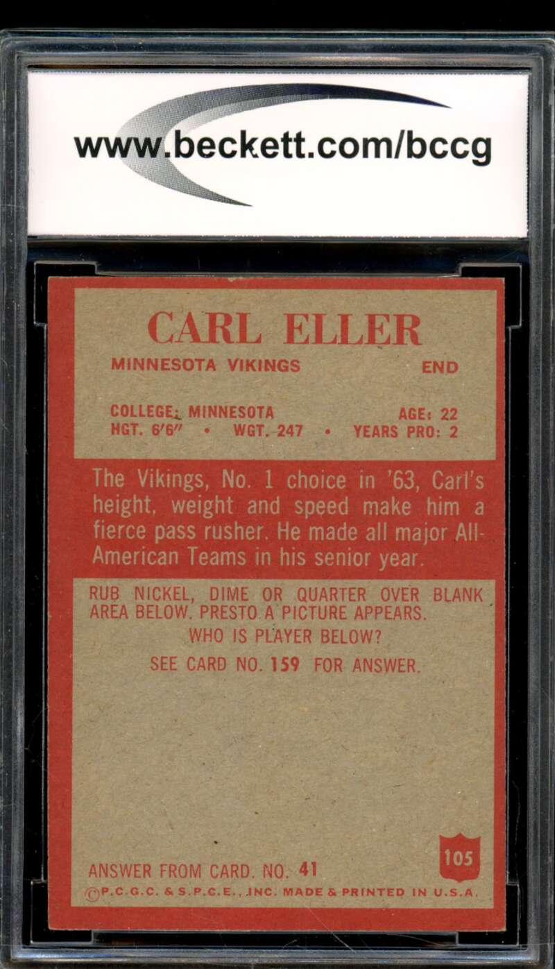 1965 Philadelphia #105 Carl Eller Card BGS BCCG 8 Excellent+ Image 2