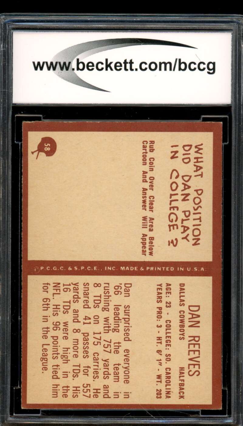 1967 Philadelphia #58 Dan Reeves Rookie Card BGS BCCG 8 Excellent+ Image 2