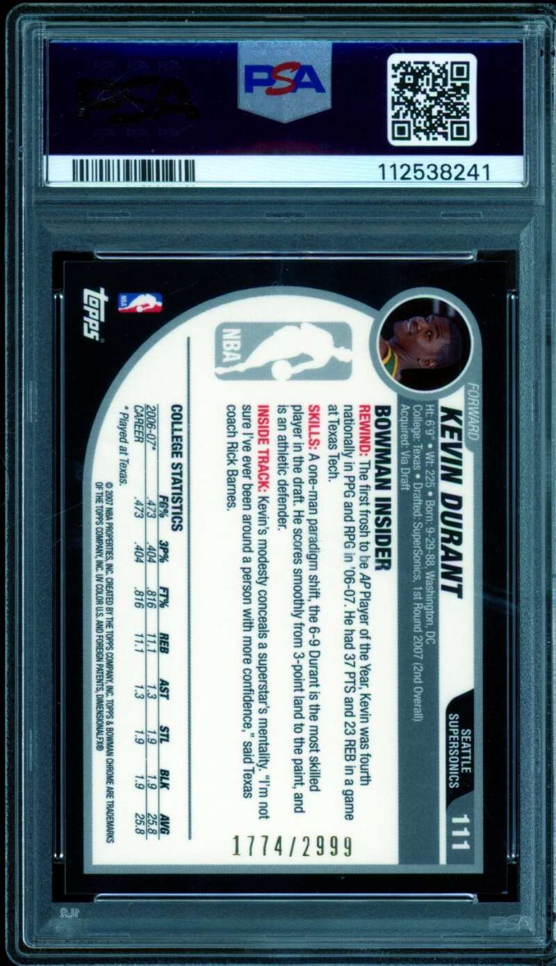 Kevin Durant Rookie Card 2007-08 Bowman Chrome #111 PSA 9 Image 2