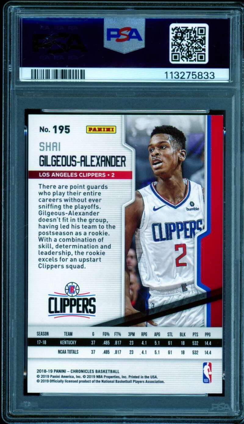 Shai Gilgeous-Alexander Rookie Card 2018-19 Panini Chronicles #195 PSA 9 Image 2