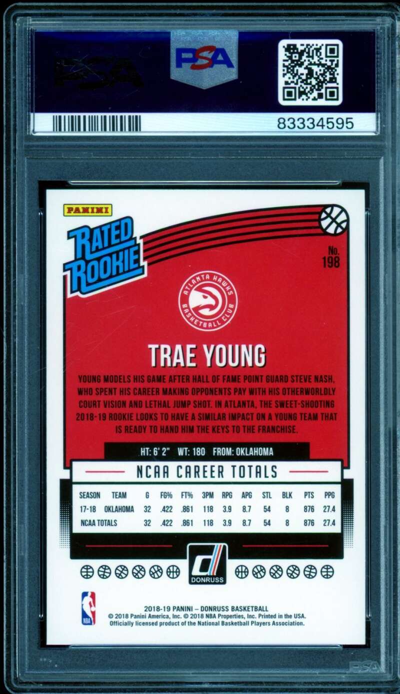 Trae Young Rookie Card 2018-19 Panini Donruss #198 PSA 10 Image 2