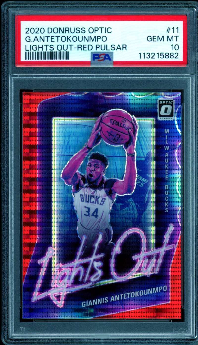 Giannis Antetokounmpo 2020-21 Donruss Optic Lights Out Red Pulsar #11 PSA 10 Image 1