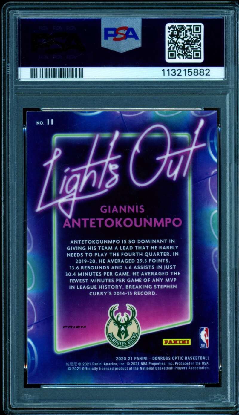 Giannis Antetokounmpo 2020-21 Donruss Optic Lights Out Red Pulsar #11 PSA 10 Image 2