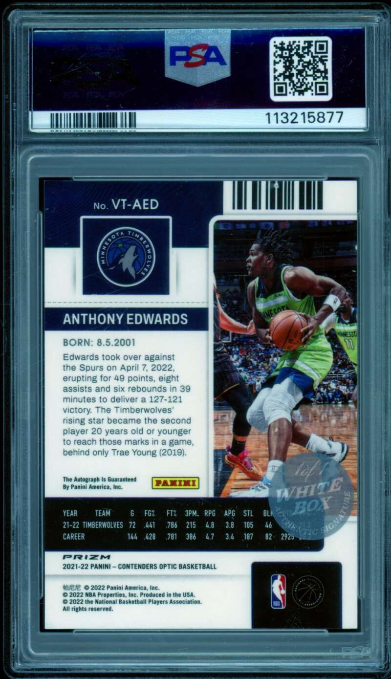Anthony Edwards 2021-22 Contenders Optic White Box Auto (1/1) #VTAED PSA 9 Image 2