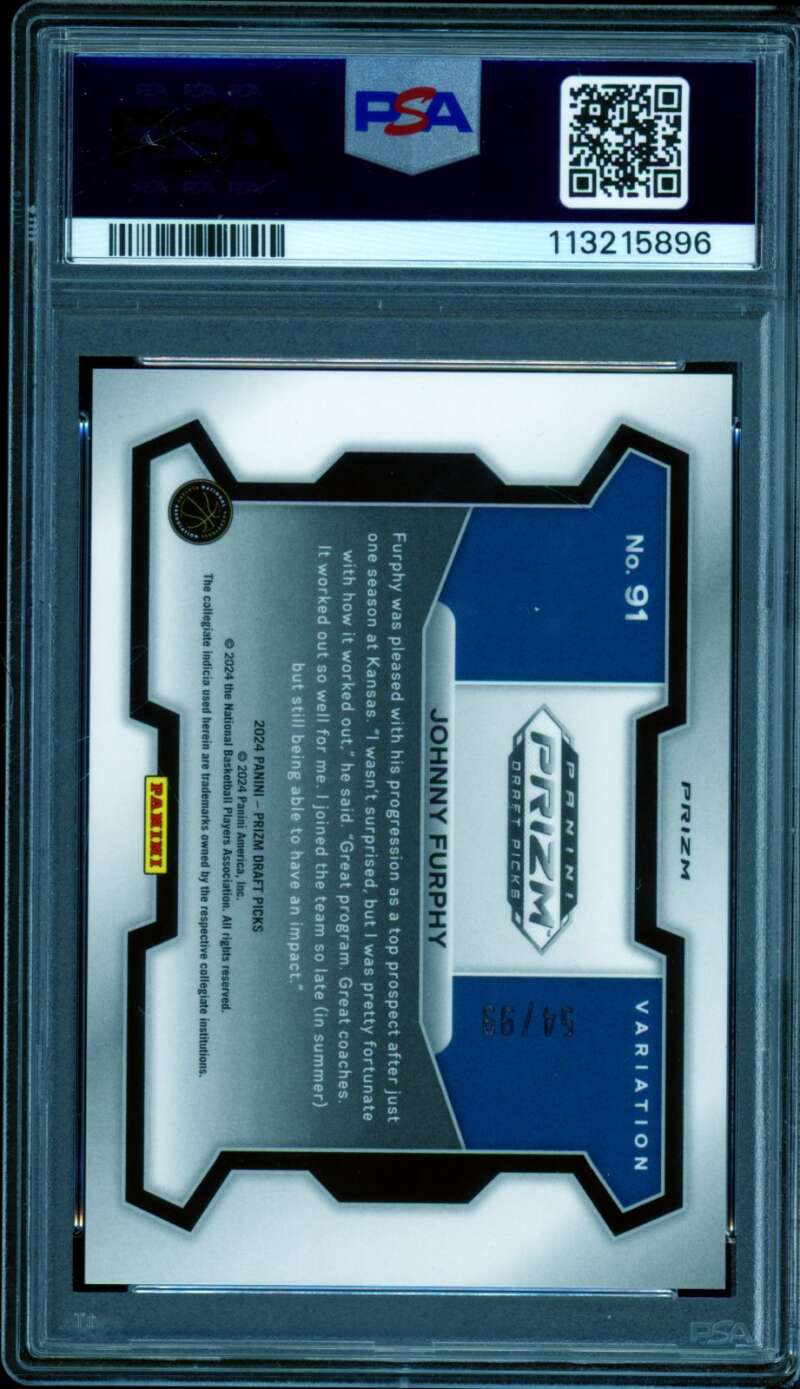 Johnny Furphy Rookie Card 2024-25 Prizm DP Blue Ice Variation (pop 1) #91 PSA 9 Image 2