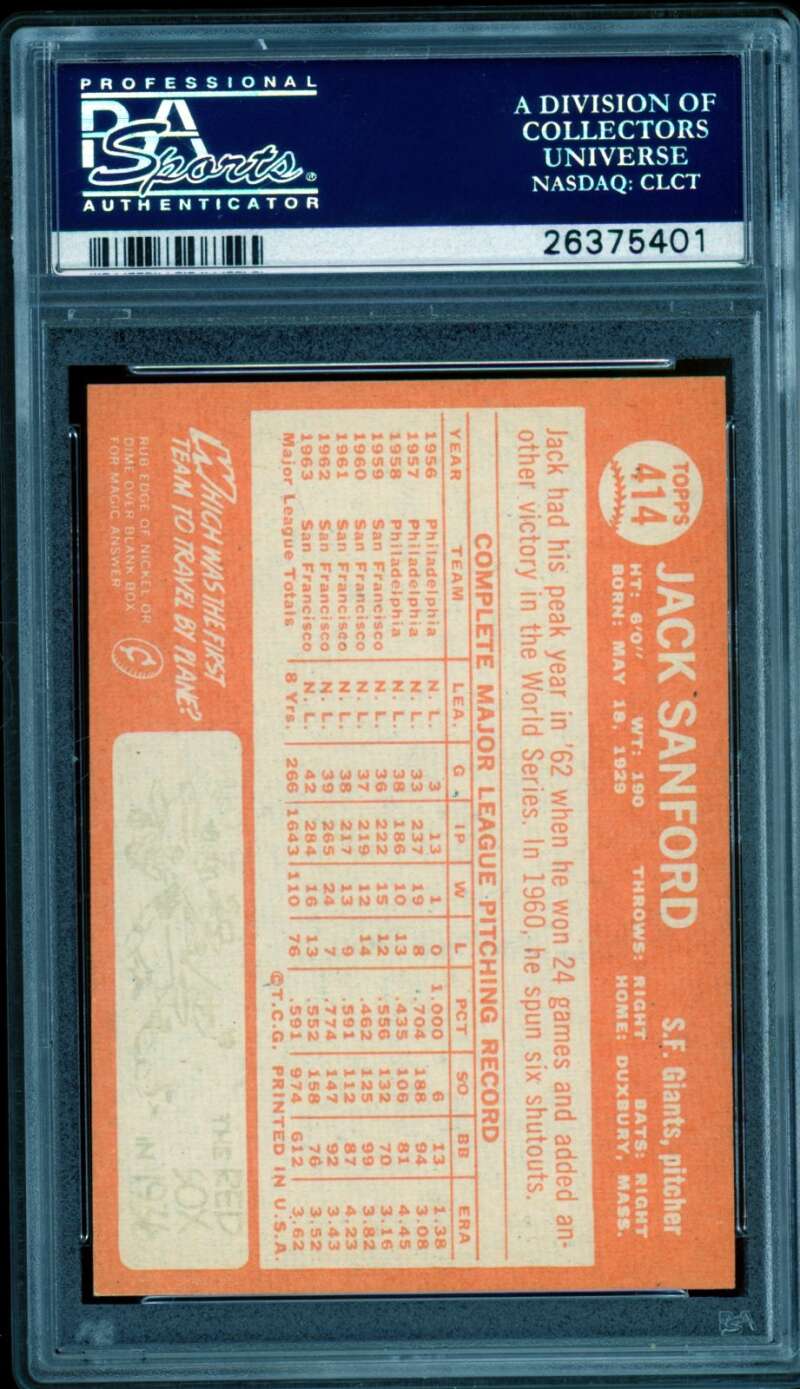 Jack Sanford Card 1964 Topps #414 PSA 8 Image 2