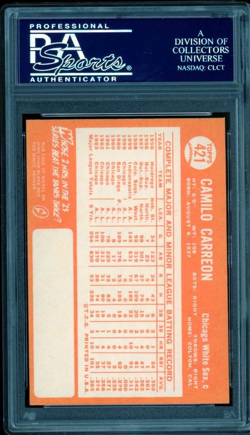 Camilo Carreon Card 1964 Topps #421 PSA 8 Image 2