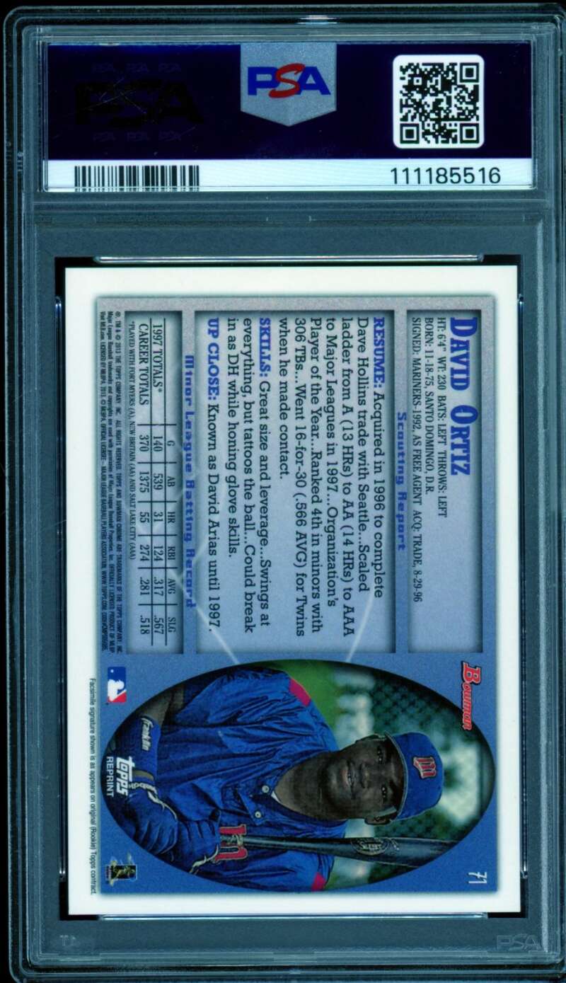 David Ortiz Card 2013 Bowman Blue Sapphire #71 (pop 20) PSA 10 Image 2