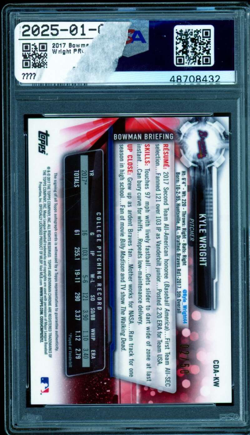 Kyle Wright Card 2017 Bowman Draft Chrome DP Auto Gold Refractor #CDAKW PSA 9 Image 2