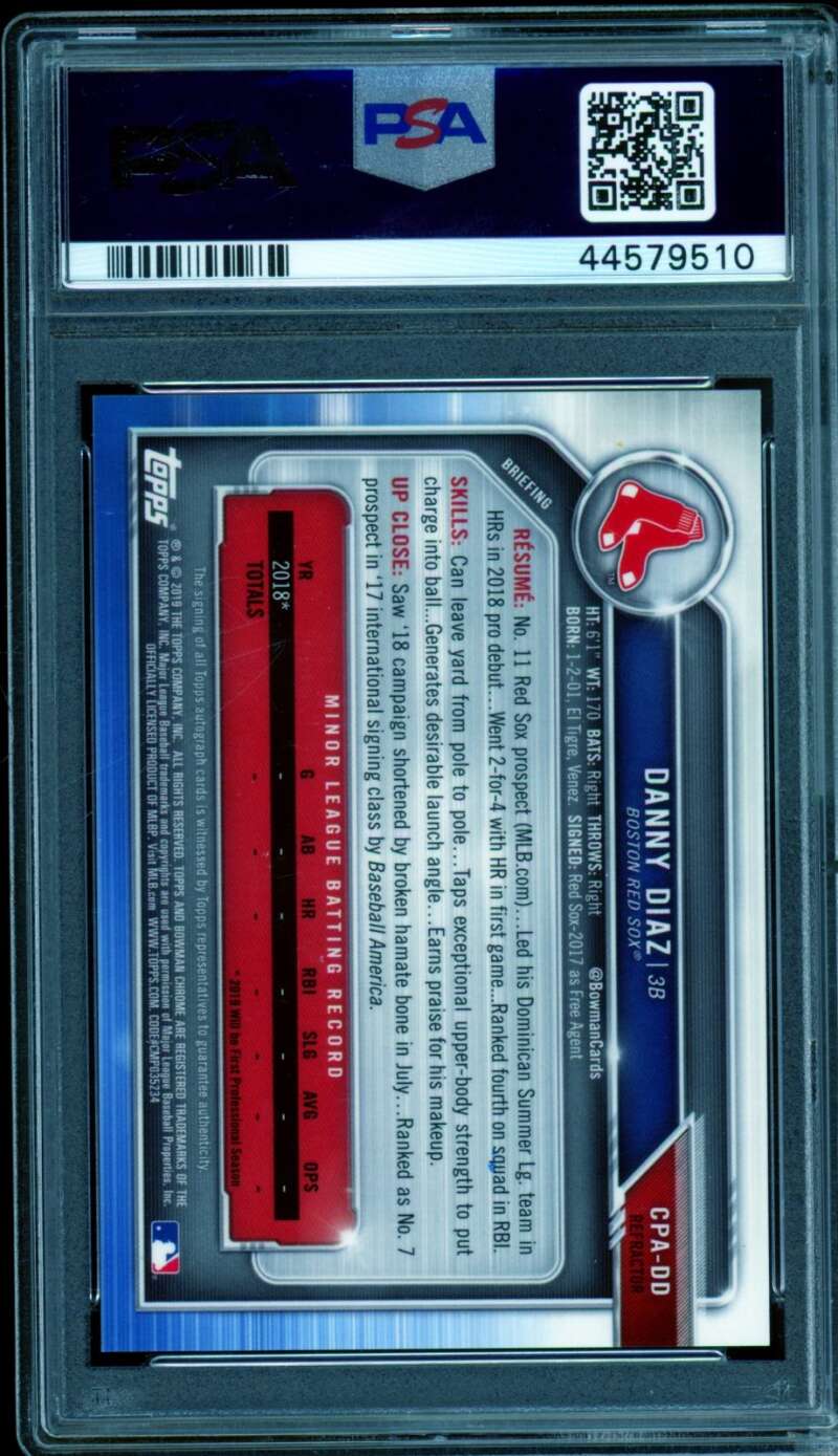 Danny Diaz Rookie Card 2019 Bowman Chrome Prospect Auto Refractor #CPADD PSA 10 Image 2