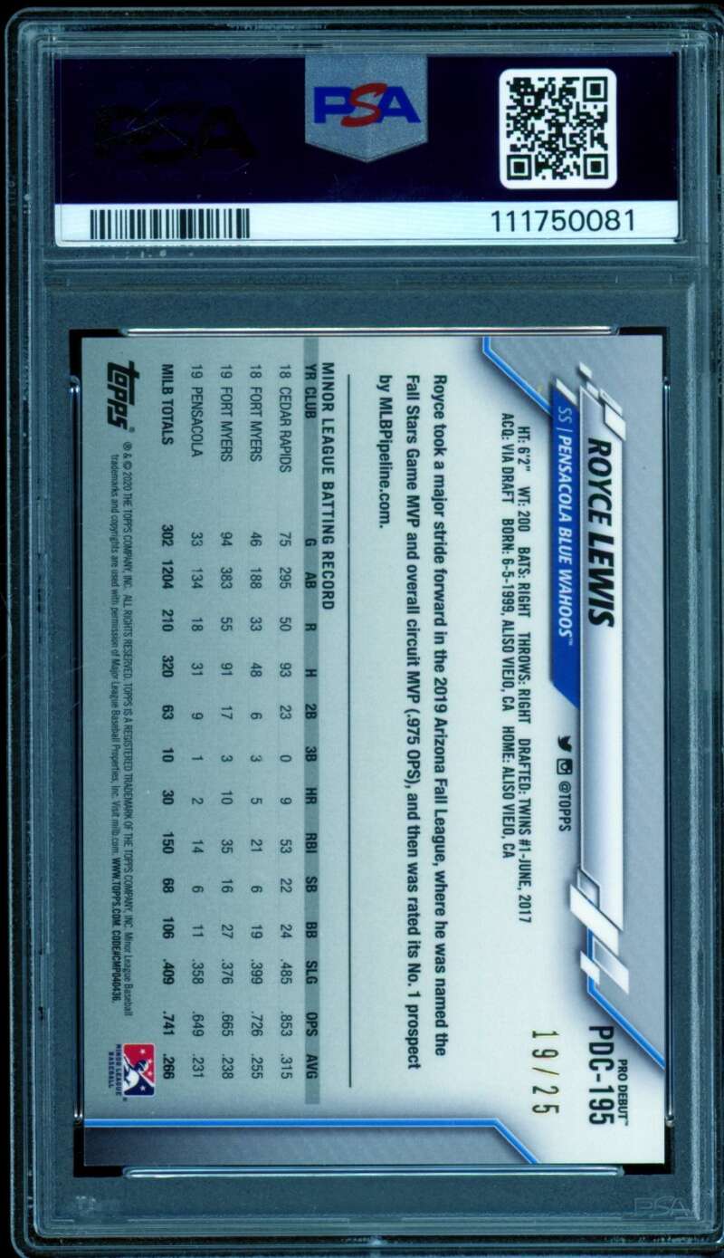 Royce Lewis 2020 Topps Pro Debut Chrome Orange Refractor (19/25) #PDC195 PSA 9 Image 2