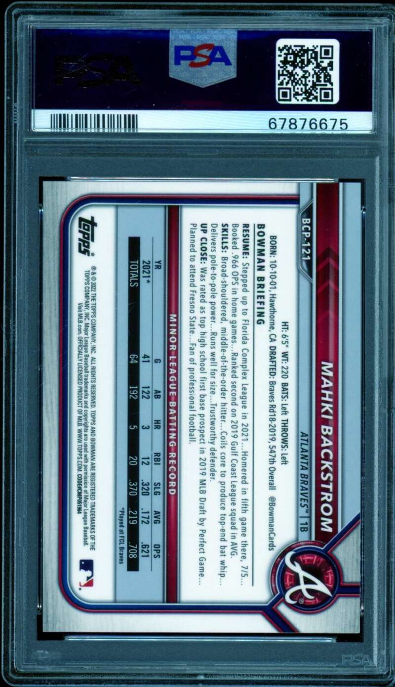 Mahki Backstrom Rookie 2022 Bowman Chrome Prospects Aqua (22/55) #BCP121 PSA 10 Image 2
