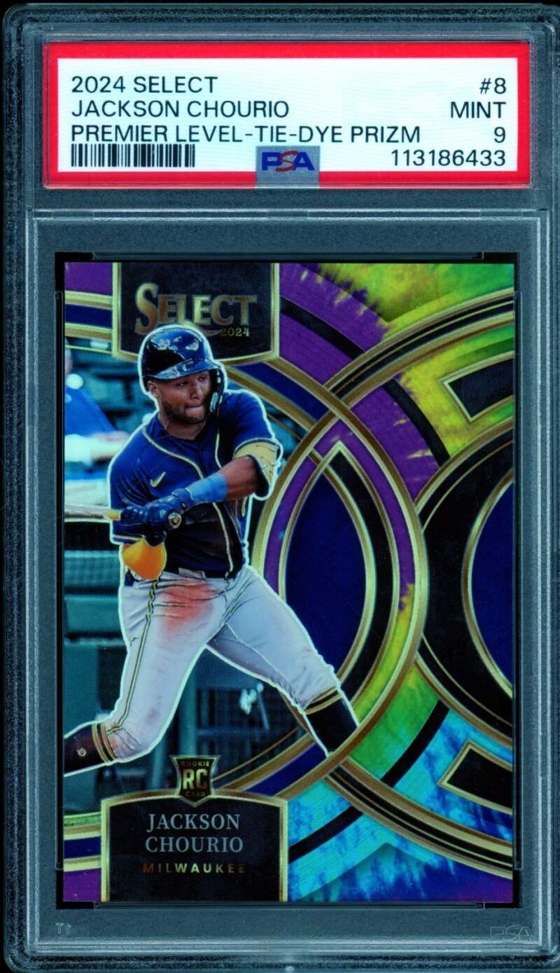 Jackson Chourio Rookie 2024 Select Premier Level Tie Dye Prizm (1/25) #8 PSA 9 Image 1