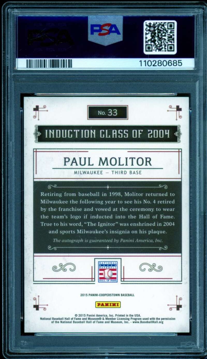Paul Molitor Card 2015 Panini Cooperstown Cooperstown Autograph #33 PSA/DNA 10 Image 2
