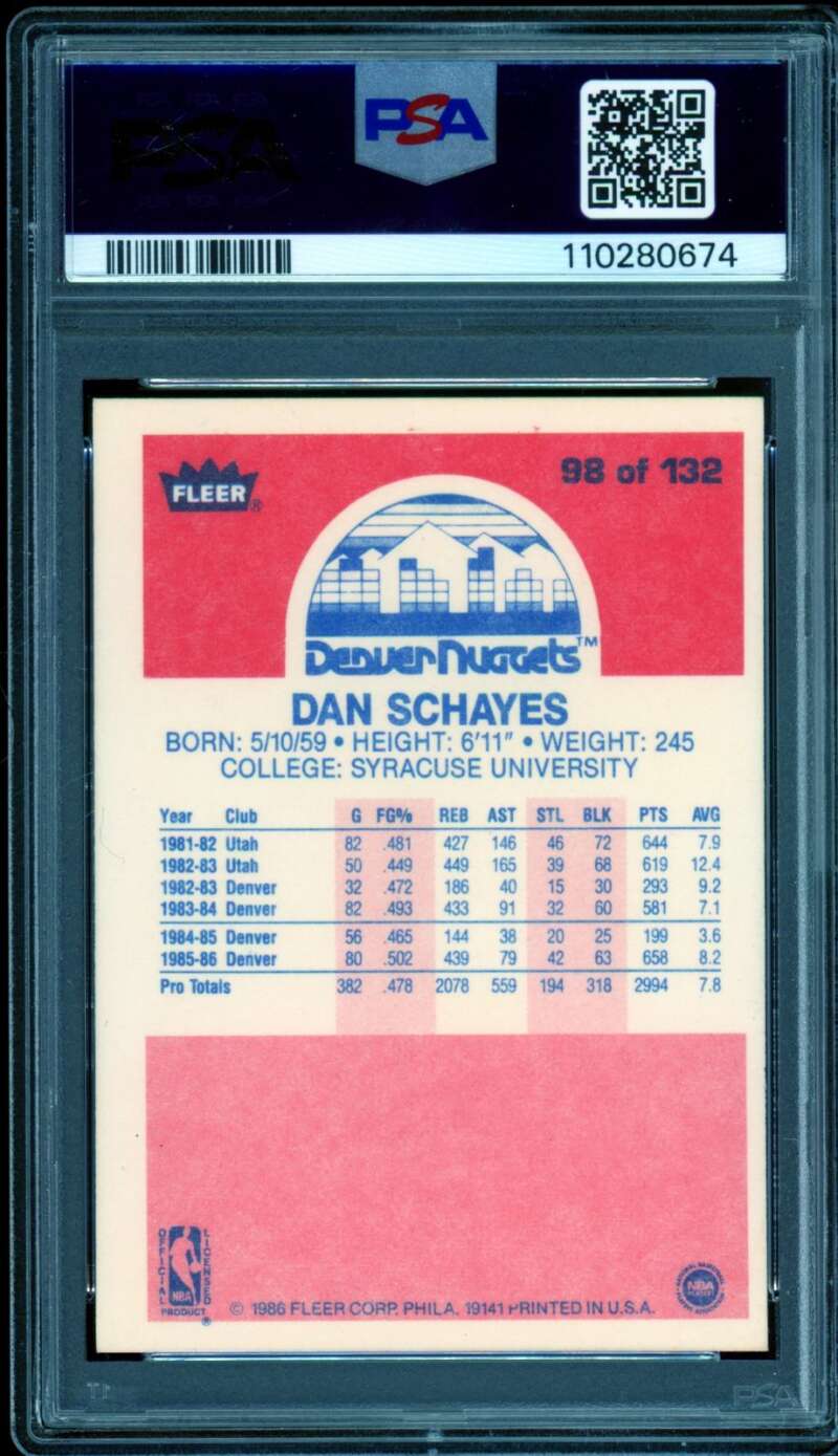 Danny Schayes Rookie Card 1986-87 Fleer Authentic Autograph #98 PSA/DNA 9 Image 2