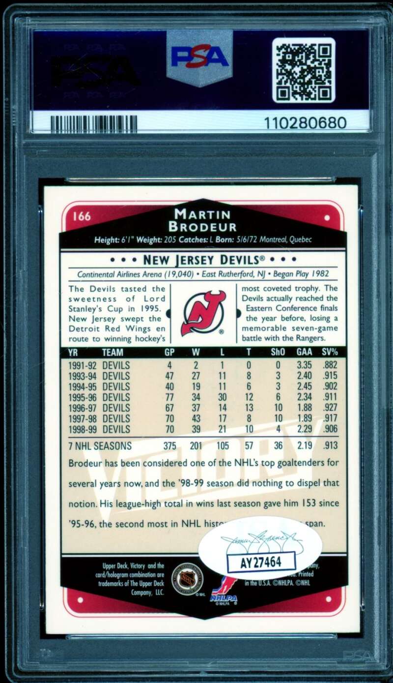 Martin Brodeur Card 1999-00 U.D. Victory Authentic Autograph #166 PSA/DNA 7 Image 2