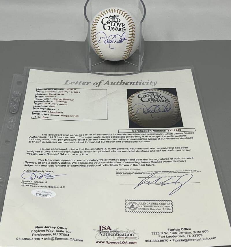 Derek Jeter Autograph Signed Gold Glove Award Major League Ball JSA Authentic Image 1
