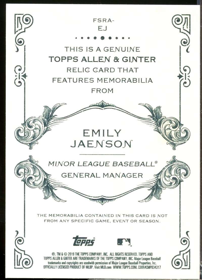 Emily Jaenson Card 2019 Topps Allen and Ginter Relics #FSRAEJ  Image 2