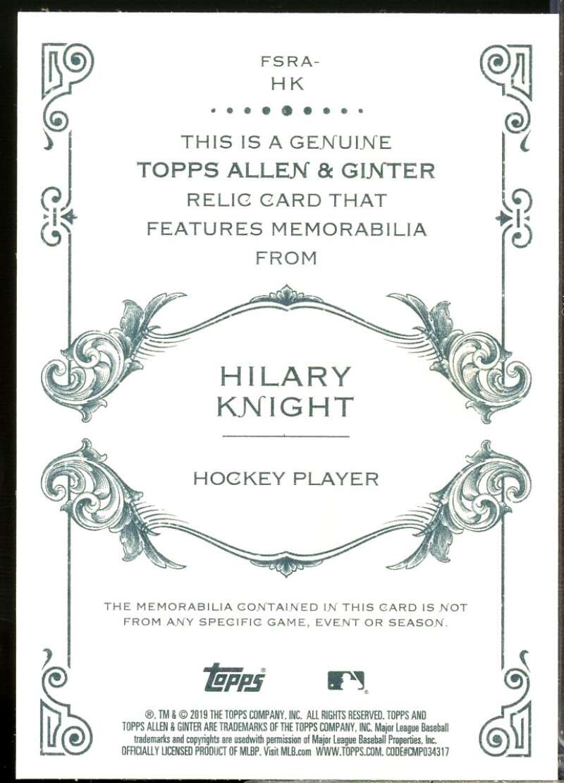 Hilary Knight Rookie Card 2019 Topps Allen and Ginter Relics #FSRAHK  Image 2
