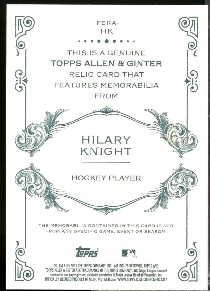 Hilary Knight Rookie Card 2019 Topps Allen and Ginter Relics #FSRAHK  Image 2