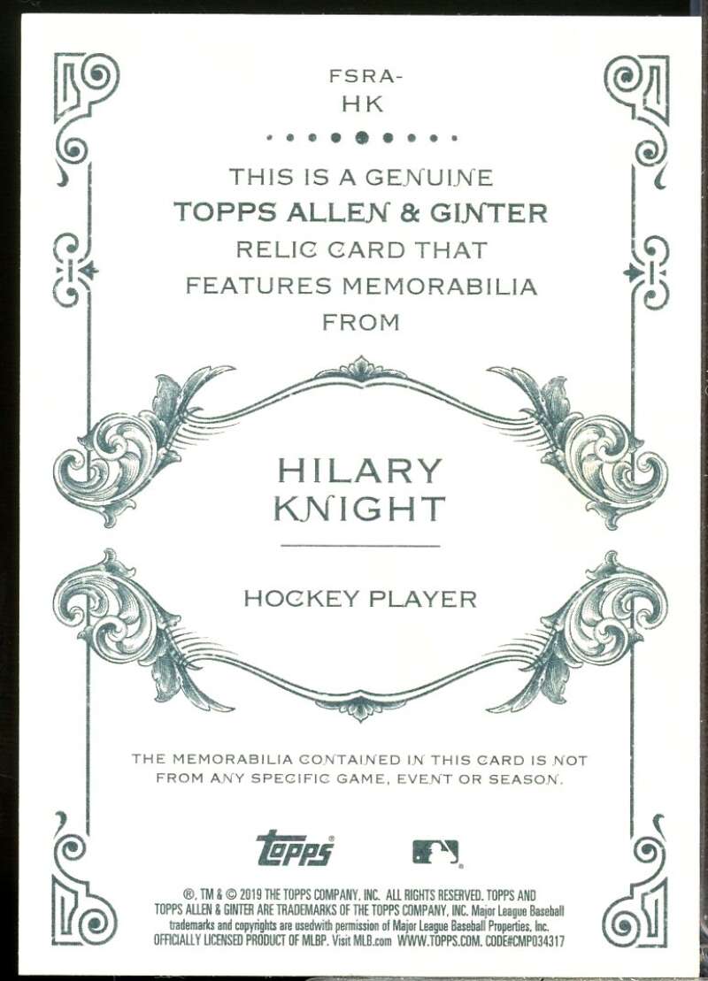 Hilary Knight Rookie Card 2019 Topps Allen and Ginter Relics #FSRAHK  Image 2