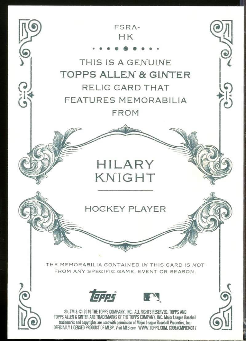 Hilary Knight Rookie Card 2019 Topps Allen and Ginter Relics #FSRAHK  Image 2