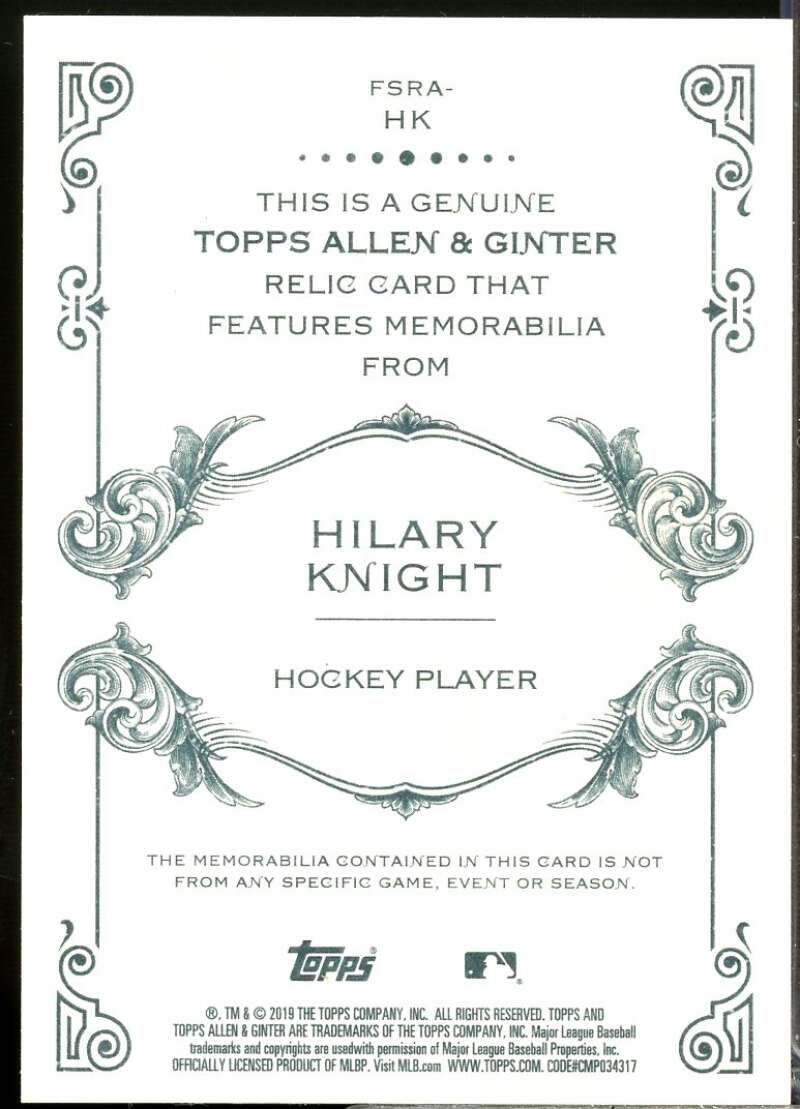 Hilary Knight Rookie Card 2019 Topps Allen and Ginter Relics #FSRAHK  Image 2