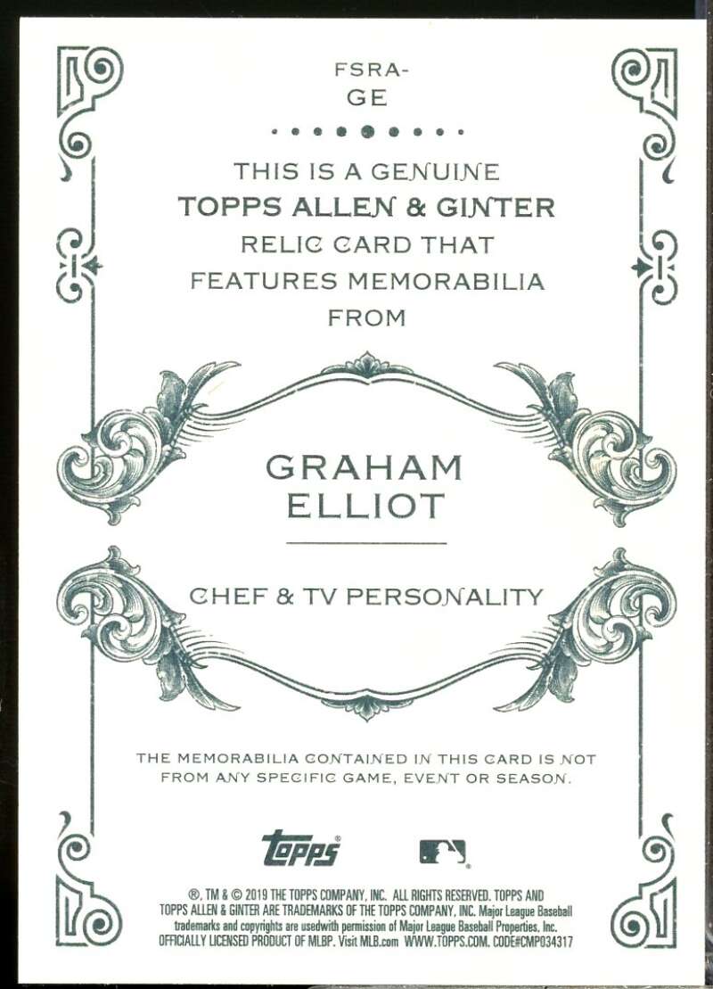Graham Elliot Card 2019 Topps Allen and Ginter Relics #FSRAGE  Image 2