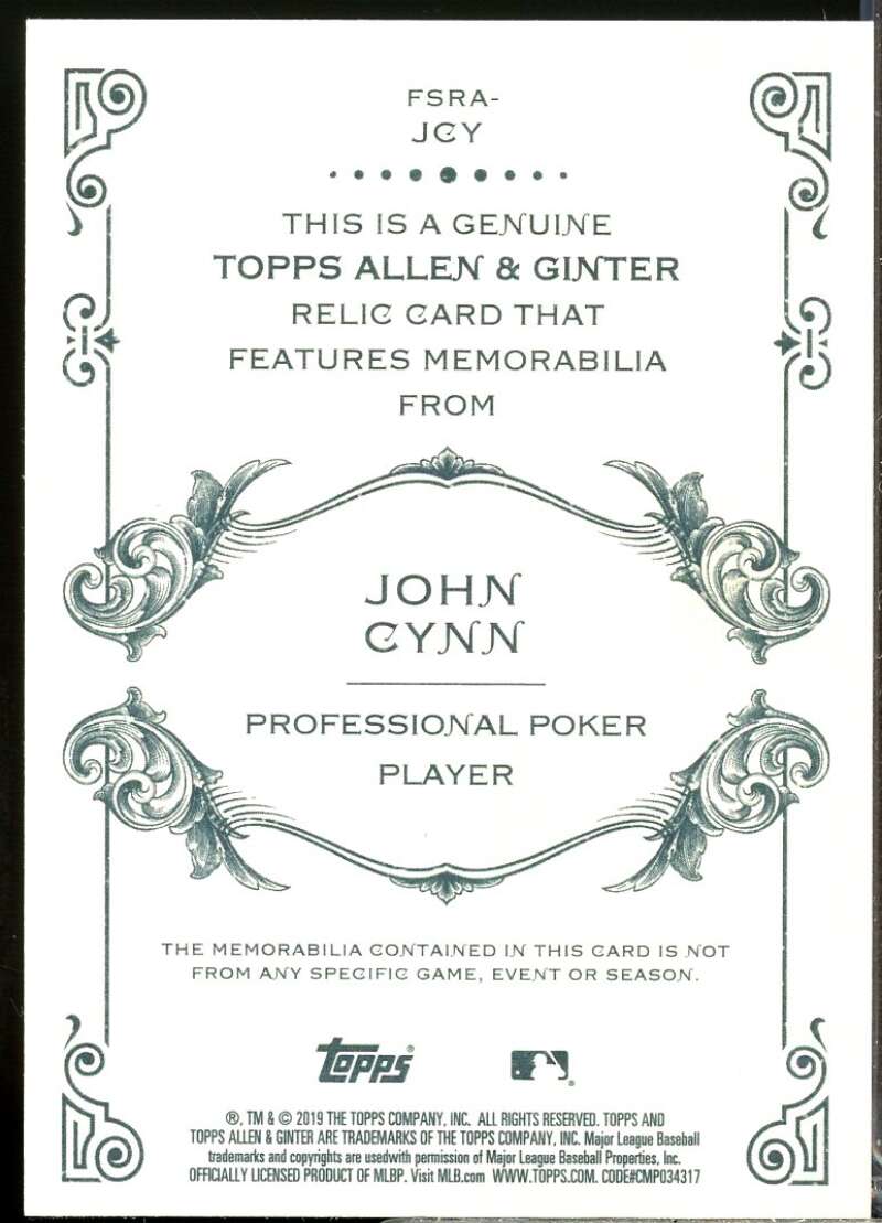 John Cynn Card 2019 Topps Allen and Ginter Relics #FSRAJCY  Image 2