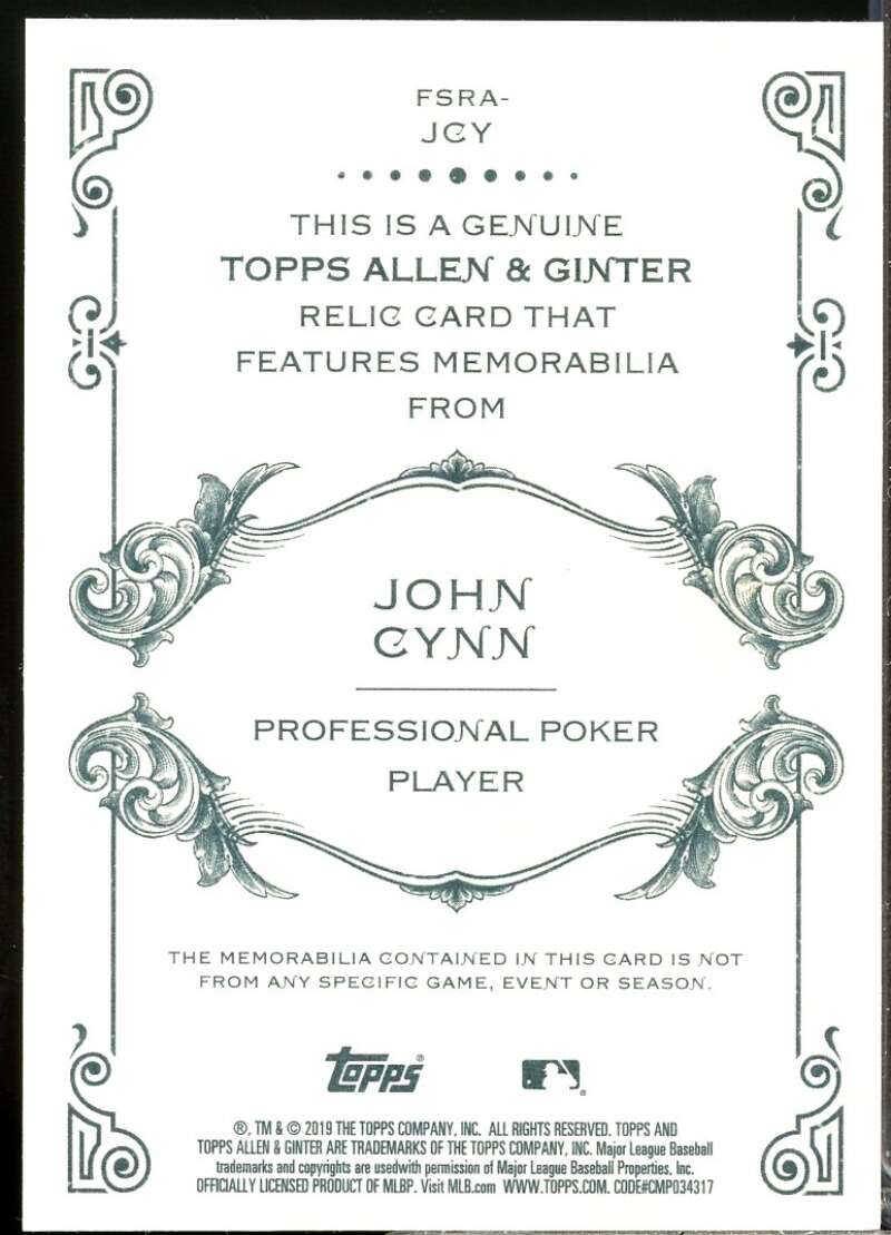 John Cynn Card 2019 Topps Allen and Ginter Relics #FSRAJCY  Image 2