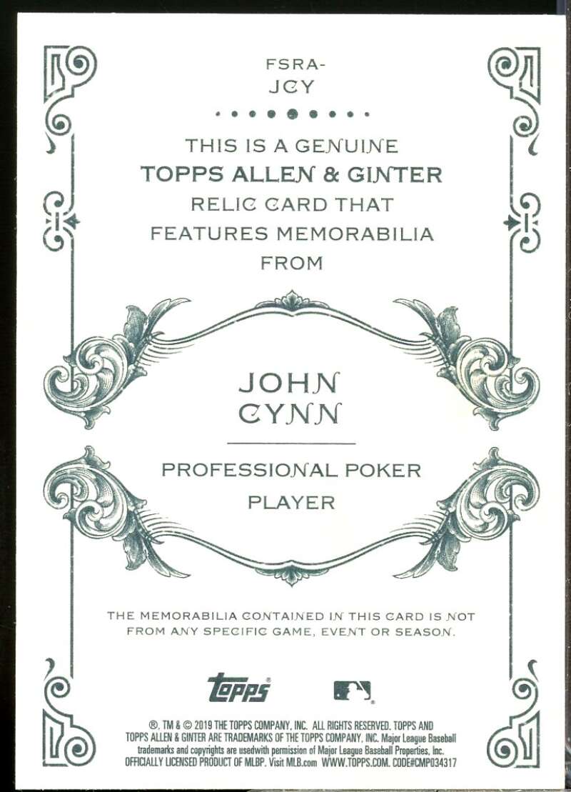 John Cynn Card 2019 Topps Allen and Ginter Relics #FSRAJCY  Image 2