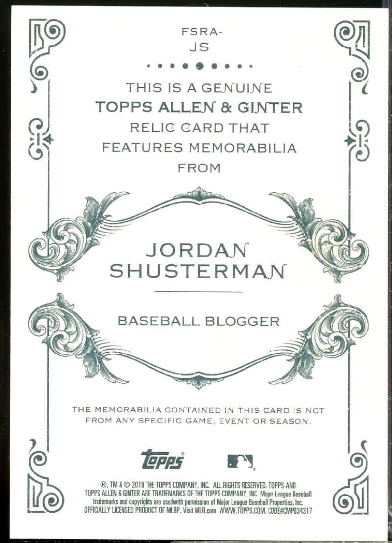 Jordan Shusterman Card 2019 Topps Allen and Ginter Relics #FSRAJS  Image 2