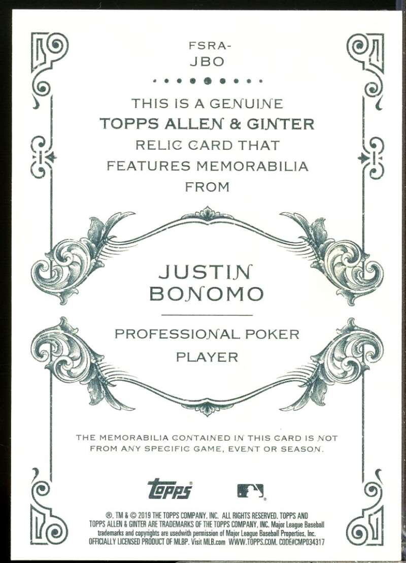 Justin Bonomo Card 2019 Topps Allen and Ginter Relics #FSRAJBO  Image 2