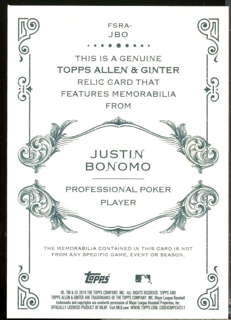 Justin Bonomo Card 2019 Topps Allen and Ginter Relics #FSRAJBO  Image 2