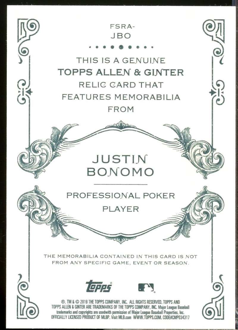 Justin Bonomo Card 2019 Topps Allen and Ginter Relics #FSRAJBO  Image 2