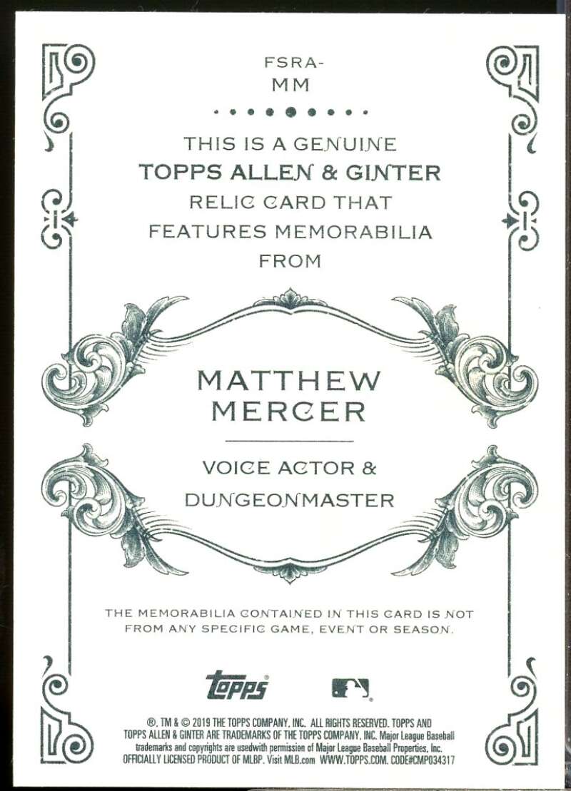 Matthew Mercer Card 2019 Topps Allen and Ginter Relics #FSRAMM  Image 2