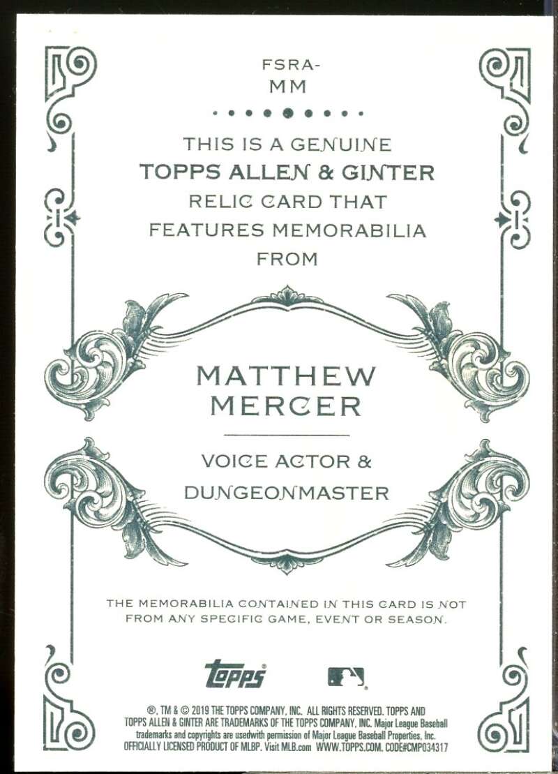 Matthew Mercer Card 2019 Topps Allen and Ginter Relics #FSRAMM  Image 2