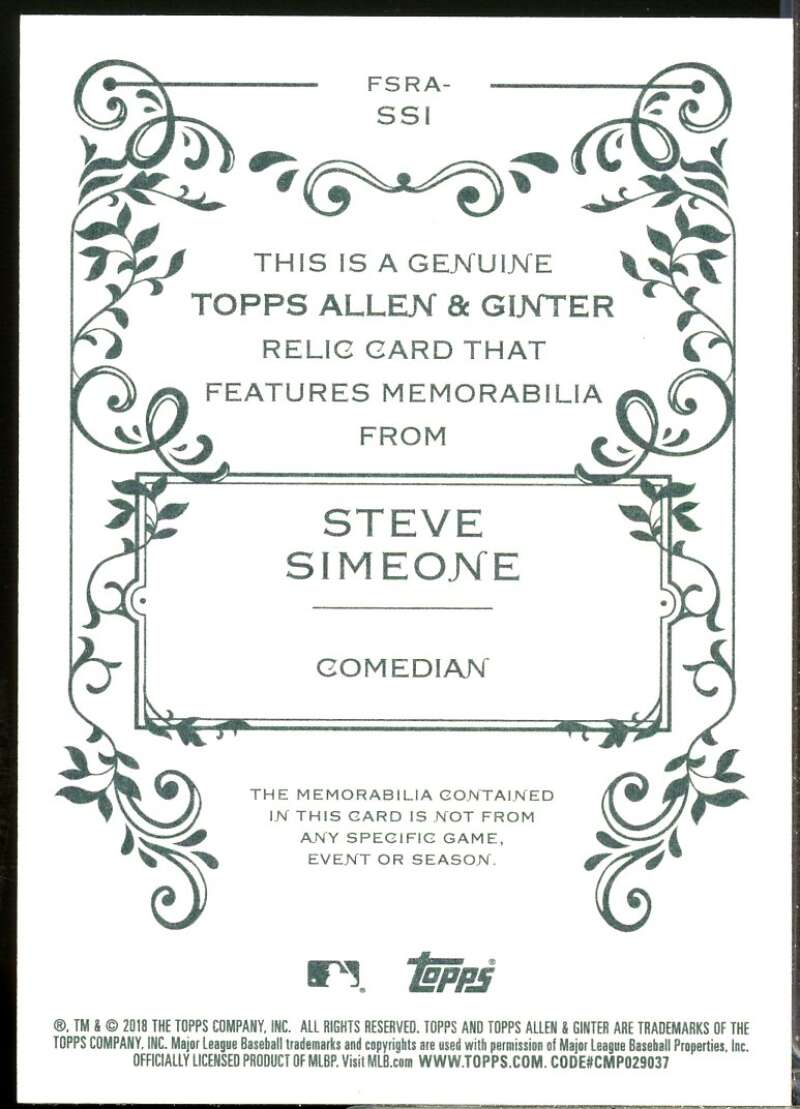 Steve Simeone Card 2018 Topps Allen and Ginter Relics #FSRASSI  Image 2