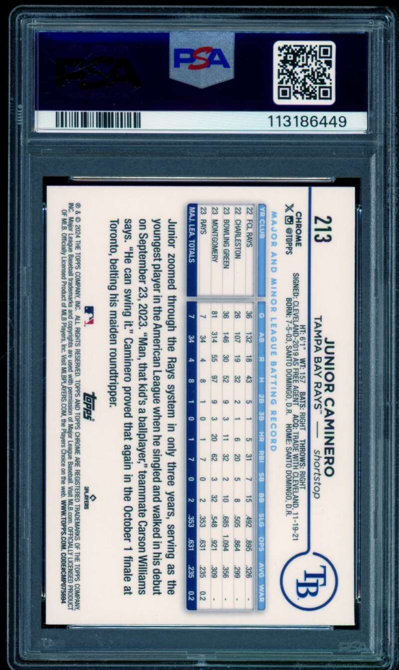 Junior Caminero Rookie Card 2024 Topps Chrome #213 PSA 10 Image 2